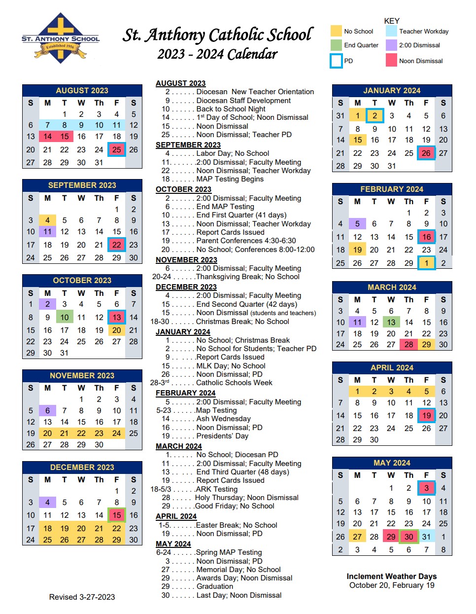 Academic Calendar St. Anthony Catholic School
